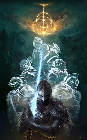 Armored Knight Holding Glowing Sword with Ethereal Ghostly Figures and Celestial Orb in Dark Fantasy Landscape HD phone wallpaper