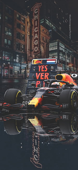 Max Verstappen Red Bull Racing F1 Car in Chicago Cityscape with Oracle and Mobil 1 Sponsors HD phone wallpaper