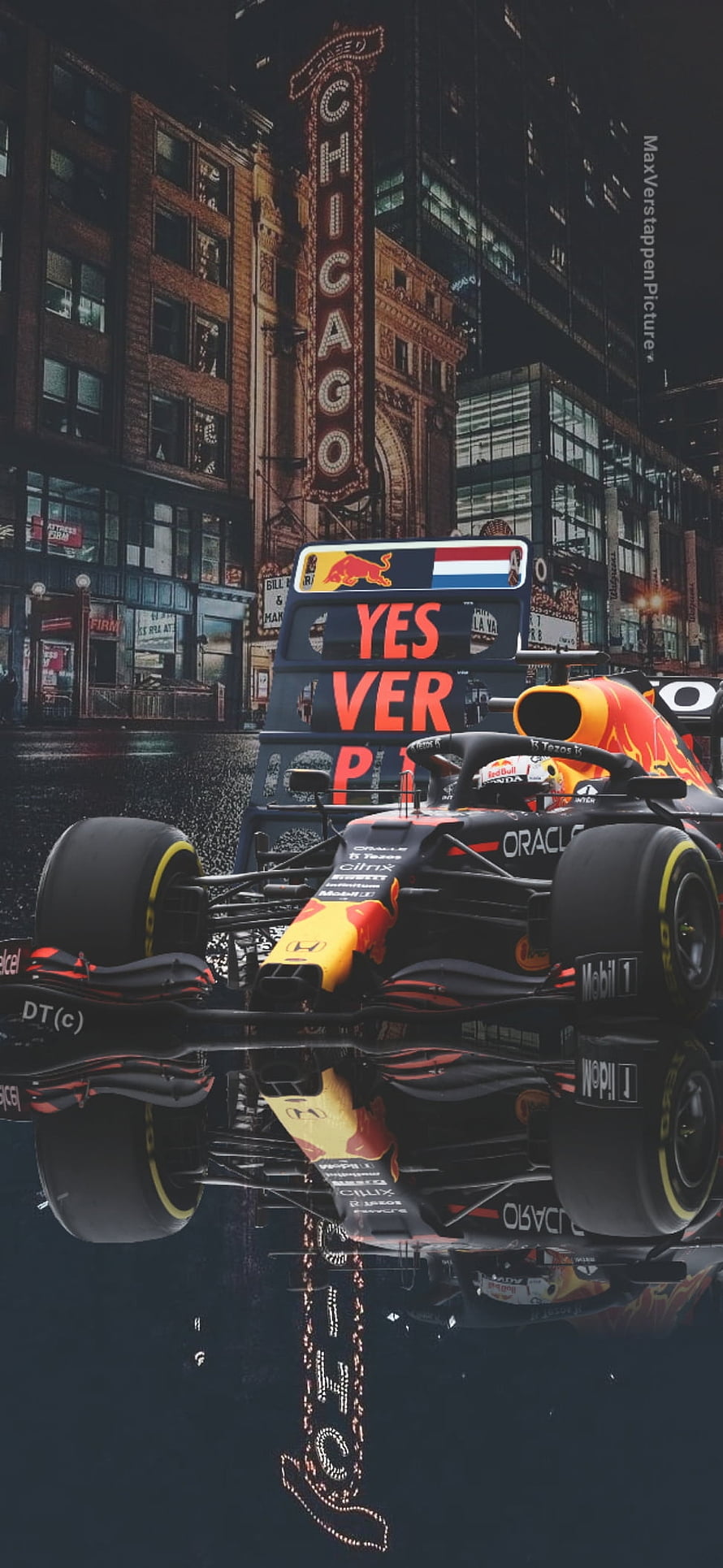 Max Verstappen Red Bull Racing F1 Car in Chicago Cityscape with Oracle and Mobil 1 Sponsors HD phone wallpaper