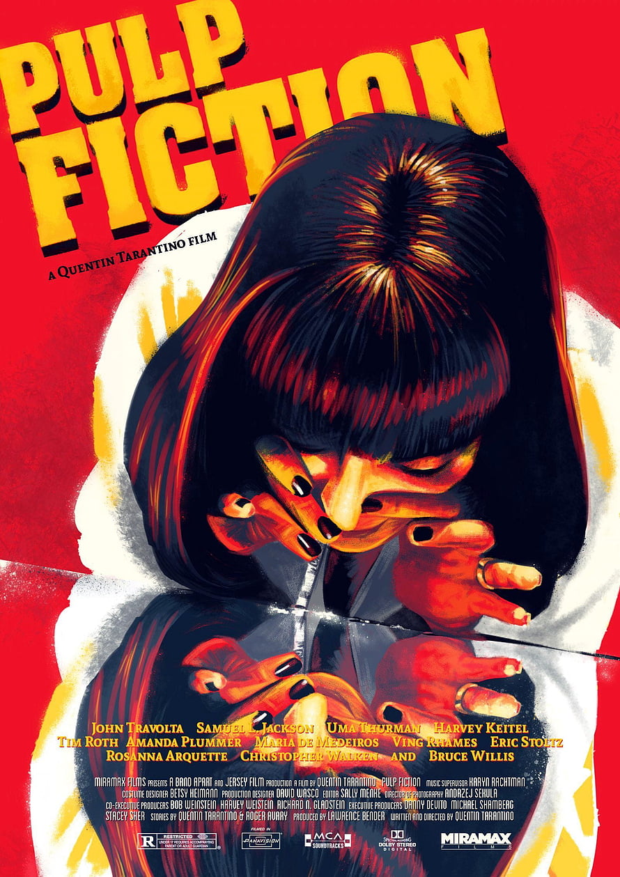Pulp Fiction Movie Poster Featuring Uma Thurman in Iconic Red and Yellow Art Style, Pulp Fiction Movie Poster, Uma Thurman Pulp Fiction HD phone wallpaper