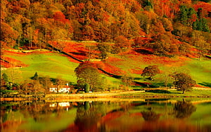 Vibrant Autumn Foliage on Rolling Hills Reflected in a Calm Lake HD wallpaper