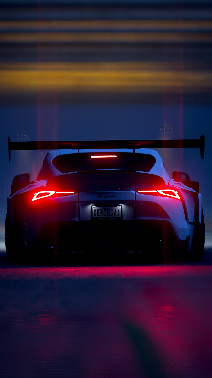 Rear View of White Toyota Supra with Large Spoiler and Neon Lights HD phone wallpaper