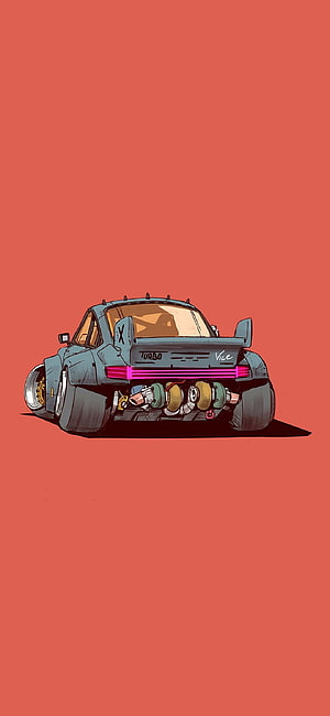Illustration of a blue retro drift car with exposed turbochargers and pink taillights on a red background HD phone wallpaper
