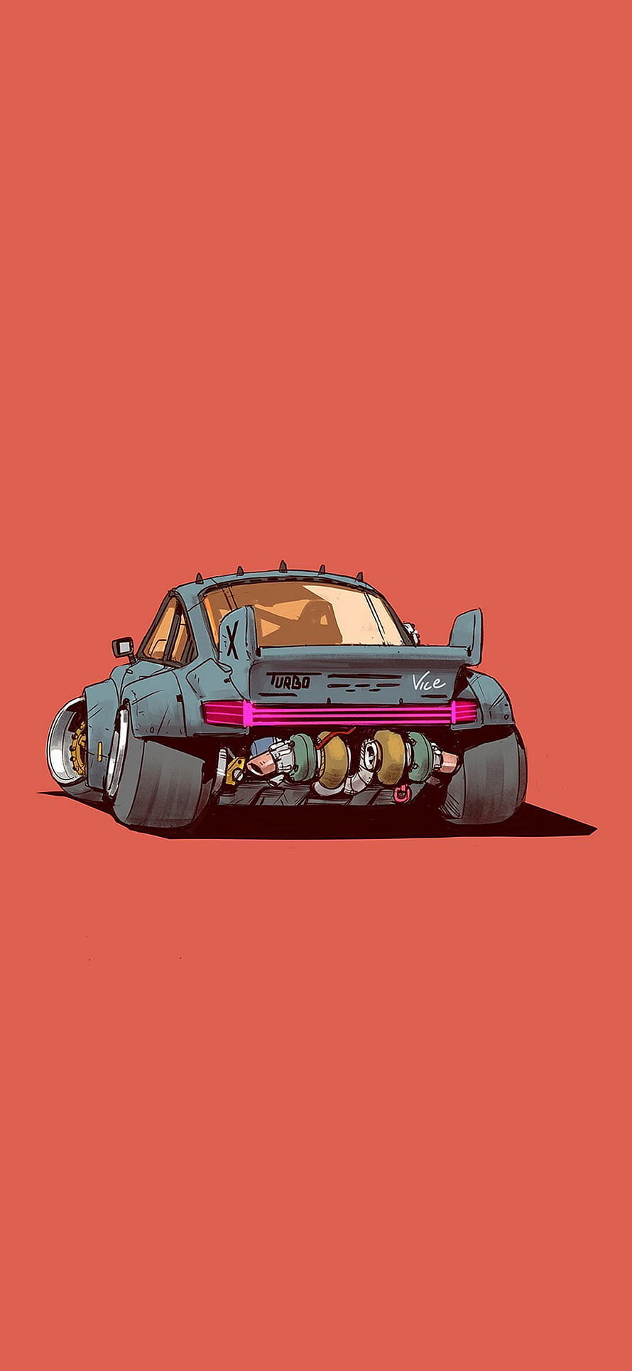 Illustration of a blue retro drift car with exposed turbochargers and pink taillights on a red background HD phone wallpaper