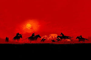 Red Dead Redemption 2 Silhouette Cowboys Riding Horses Under a Blood Red Sky HD wallpaper