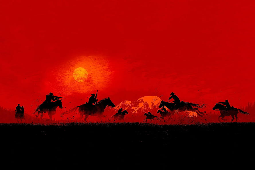 Red Dead Redemption 2 Silhouette Cowboys Riding Horses Under a Blood Red Sky HD wallpaper