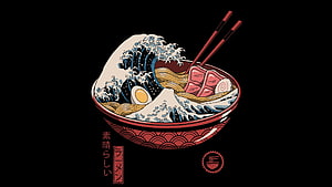 Ramen Bowl With Great Wave Off Kanagawa Japanese Woodblock Art Style HD wallpaper