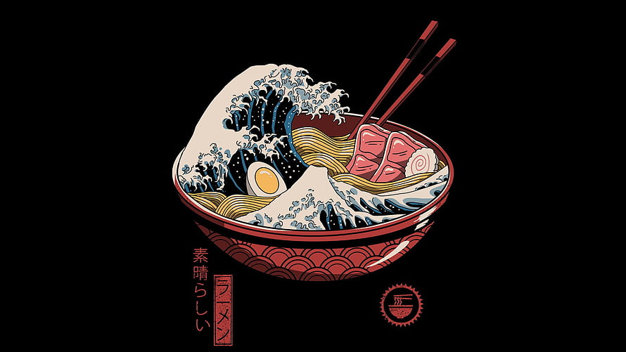 Ramen Bowl With Great Wave Off Kanagawa Japanese Woodblock Art Style HD wallpaper