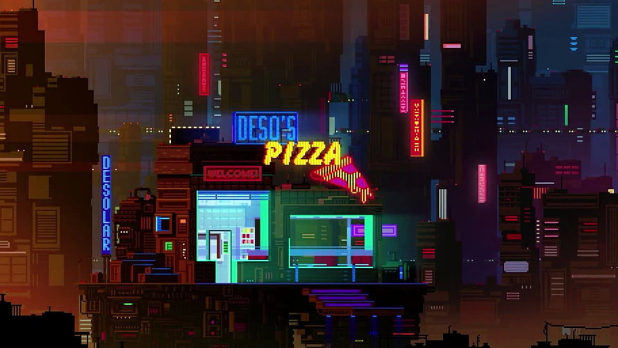 Pixel Art Deso's Pizza Shop in a Neon Cyberpunk Cityscape HD wallpaper