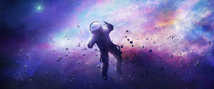Astronaut Floating in Colorful Cosmic Nebula with Asteroids and Starlight HD wallpaper