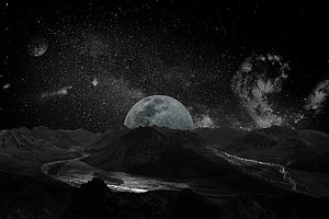 Monochrome Alien Landscape With Giant Planet And Starry Sky HD wallpaper