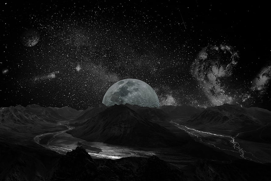 Monochrome Alien Landscape With Giant Planet And Starry Sky HD wallpaper