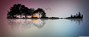 Silhouette of City Skyline and Forest Trees Reflected in Calm Water at Sunset HD wallpaper