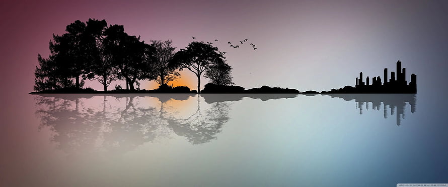 Silhouette of City Skyline and Forest Trees Reflected in Calm Water at Sunset HD wallpaper