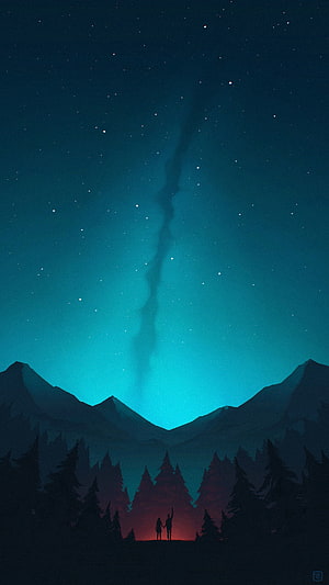 Starry Night Sky Over Mountain Silhouettes and Forest with Two Figures HD phone wallpaper