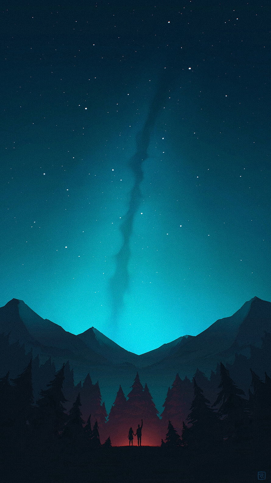 Starry Night Sky Over Mountain Silhouettes and Forest with Two Figures HD phone wallpaper