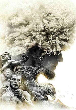 Khabib Nurmagomedov MMA Fighter Portrait with Eagle and Wolf Animal Motifs HD phone wallpaper