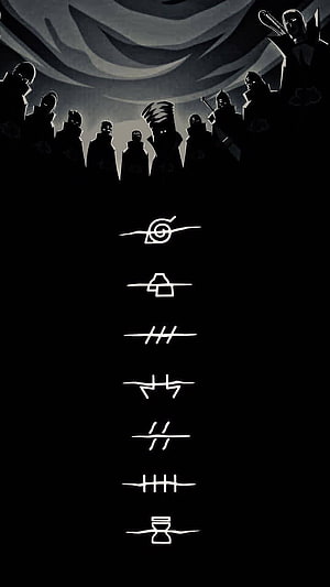 Naruto Akatsuki Organization Members Silhouette With Hidden Village Symbols HD phone wallpaper