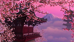 Traditional Japanese Pagoda Framed by Cherry Blossoms with Mount Fuji in the Distance HD wallpaper