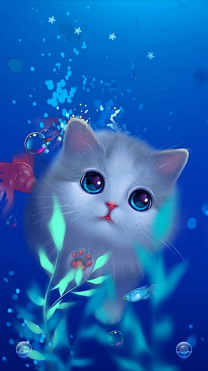Cute White Kitten Underwater Fantasy Art with Blue Eyes and Fish HD phone wallpaper