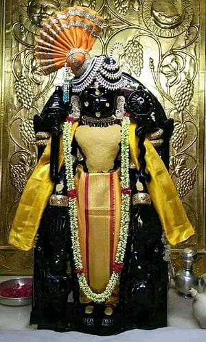 Adorned Krishna Murti with Yellow Silk Garments and Floral Garland in Temple Setting HD phone wallpaper