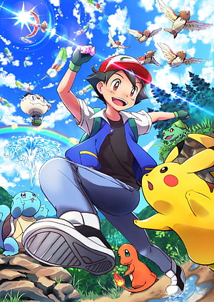 Ash Ketchum and Pikachu Adventure with Starter Pokemon in Sunny Landscape HD phone wallpaper