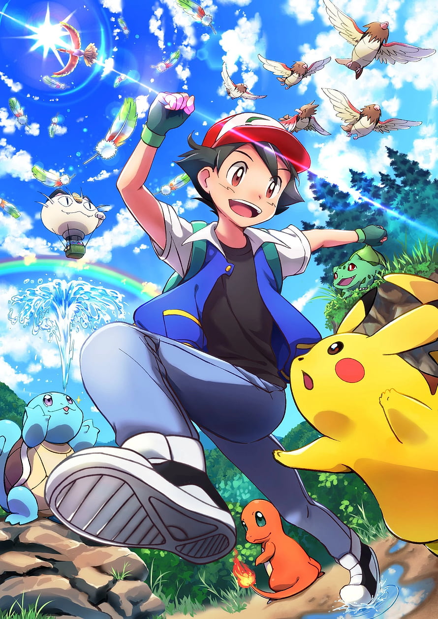 Ash Ketchum and Pikachu Adventure with Starter Pokemon in Sunny Landscape HD phone wallpaper