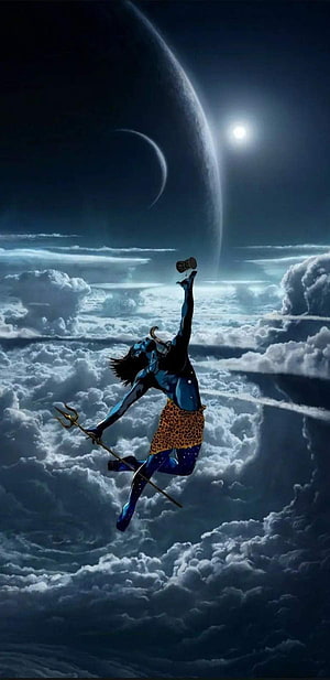 Lord Shiva Dancing Above Clouds with Trishul and Cosmic Planets HD phone wallpaper