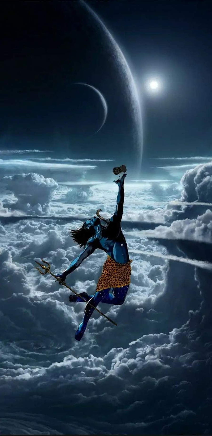 Lord Shiva Dancing Above Clouds with Trishul and Cosmic Planets HD phone wallpaper