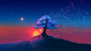 Lone Tree on Hilltop at Sunset with Dissolving Leaves and Starry Night Sky HD wallpaper