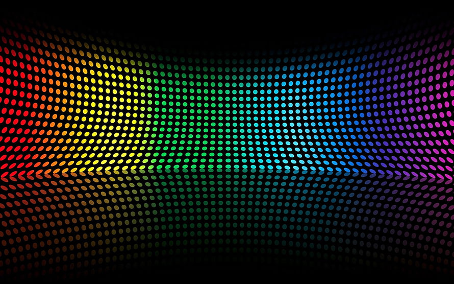 Vibrant Rainbow Dot Grid on Black Background with Curved Perspective and Reflection HD wallpaper