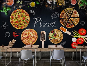 Modern Bistro Interior With Chalkboard Pizza Mural And Fresh Ingredients HD wallpaper