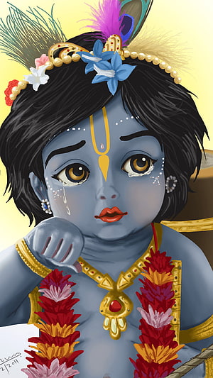 Crying Baby Krishna Digital Illustration with Floral Garland and Peacock Feather Crown HD phone wallpaper