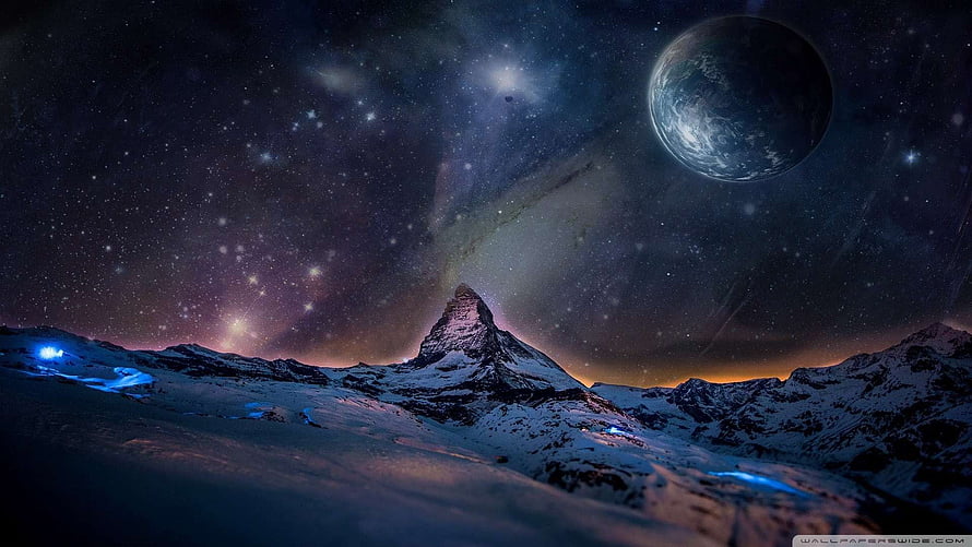 Snowy Alpine Peak Under Starry Night Sky with Large Planet and Milky Way HD wallpaper
