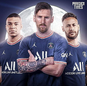 Kylian Mbappe, Lionel Messi, and Neymar in Paris Saint-Germain Blue Kits HD wallpaper