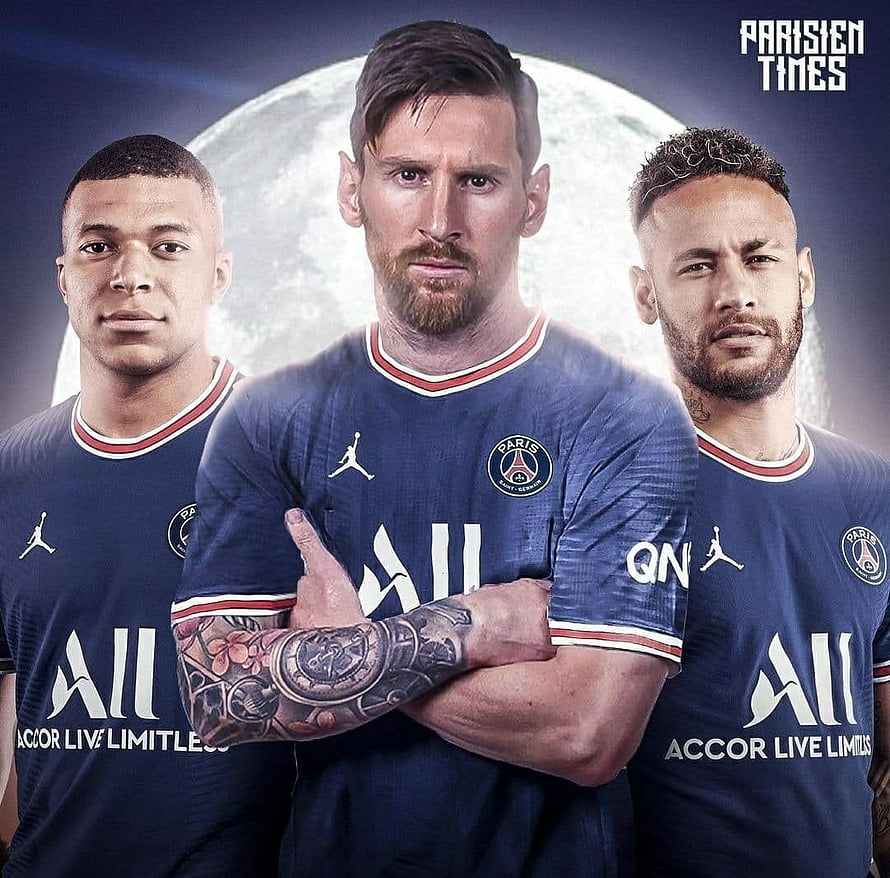 Kylian Mbappe, Lionel Messi, and Neymar in Paris Saint-Germain Blue Kits HD wallpaper