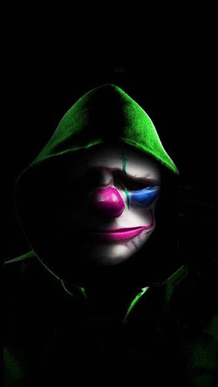 Dark Hooded Clown Portrait with Green Hood and Pink Makeup HD phone wallpaper