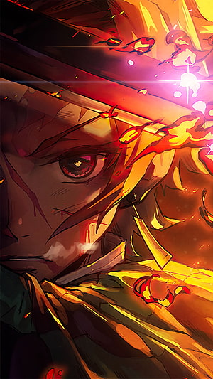 Tanjiro Kamado from Demon Slayer in Intense Flame Combat Scene HD phone wallpaper