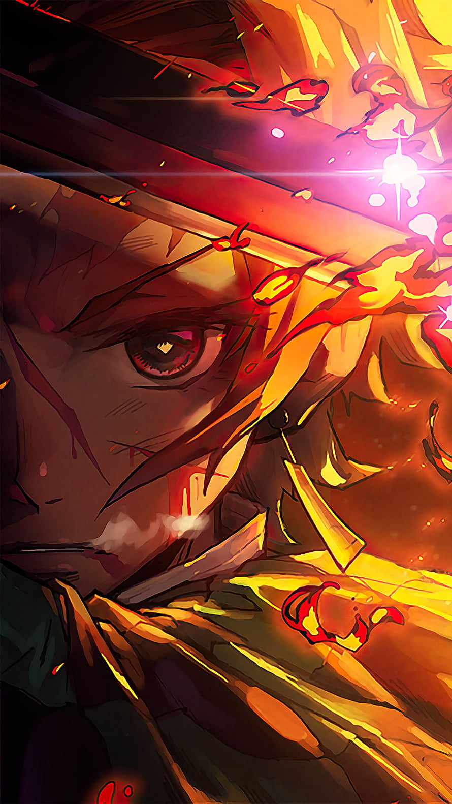 Tanjiro Kamado from Demon Slayer in Intense Flame Combat Scene HD phone wallpaper