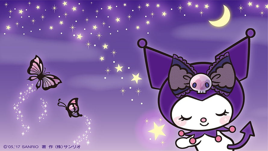 Cute Kuromi Sanrio Character Sleeping Under Purple Starry Night Sky With Butterflies HD wallpaper