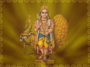 Lord Kartikeya Hindu Deity Standing With Peacock Mount Golden Background HD wallpaper