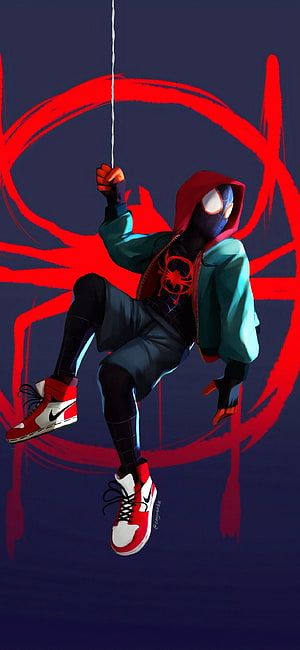 Miles Morales Spider-Man Hanging on Web with Red Spider Symbol Background, Spiderman - Spider Man Miles Morales - -, Miles Morales Logo HD phone wallpaper