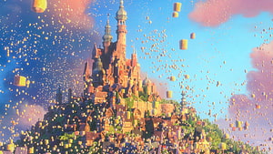 Disney Tangled Castle with Floating Lanterns in a Vibrant Sky HD wallpaper