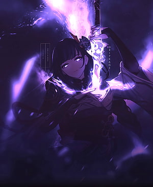 Anime Girl Wielding Glowing Purple Sword in Dark Fantasy Style HD phone wallpaper