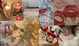 Coquette Aesthetic Collage Featuring Vintage Red Telephone, Candles, and Lace Details HD wallpaper