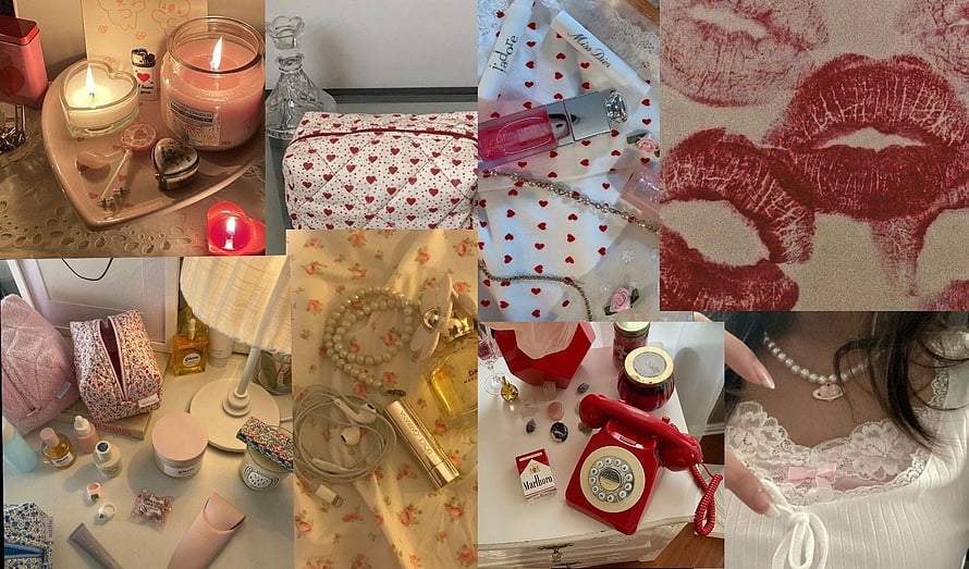 Coquette Aesthetic Collage Featuring Vintage Red Telephone, Candles, and Lace Details HD wallpaper