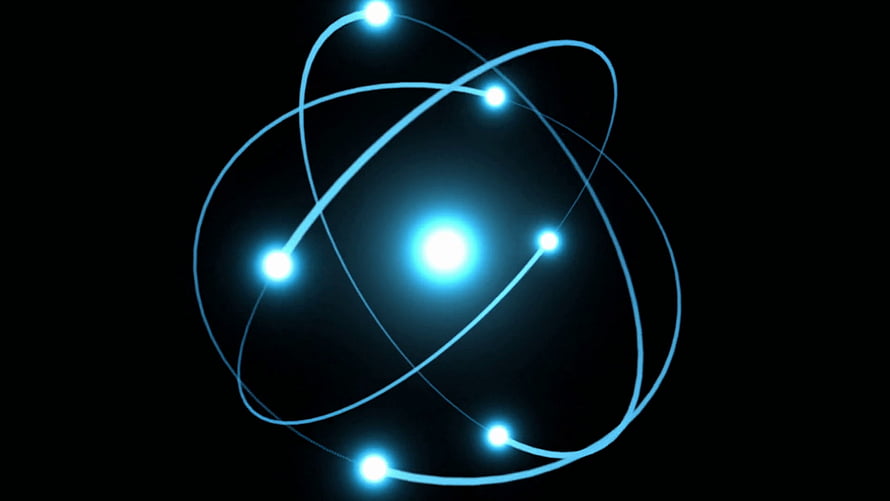 Glowing Blue Atom Structure with Orbiting Electrons on Black Background HD wallpaper