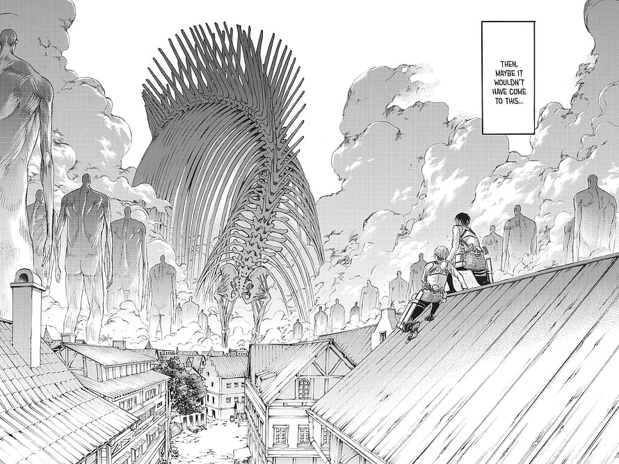 Attack on Titan manga panel showing the colossal Titan skeleton rising over a town with Survey Corps soldiers on a rooftop HD wallpaper