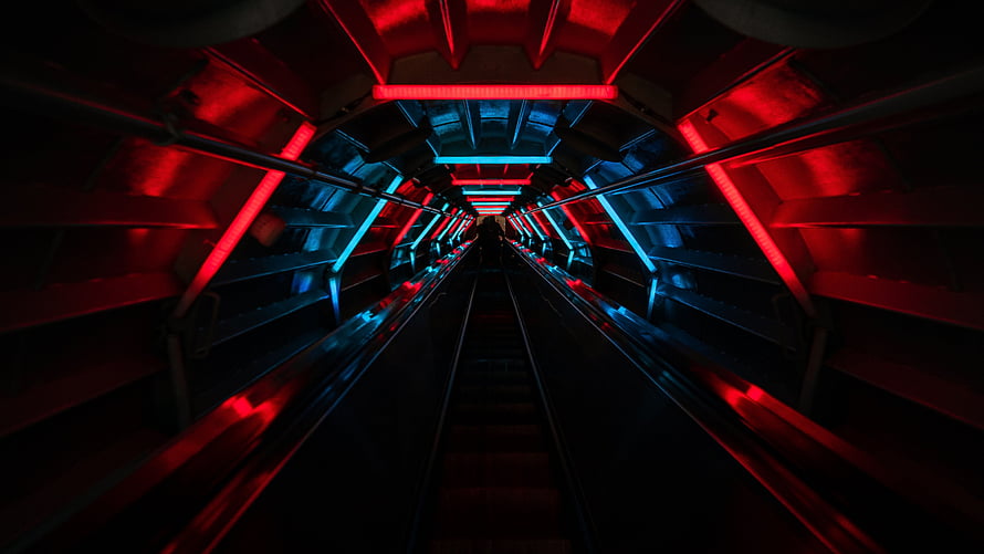 Futuristic Sci-Fi Tunnel With Red And Blue Neon Lights HD wallpaper