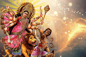 Maa Durga Riding Lion with Weapons and Demon in Golden Divine Light HD wallpaper